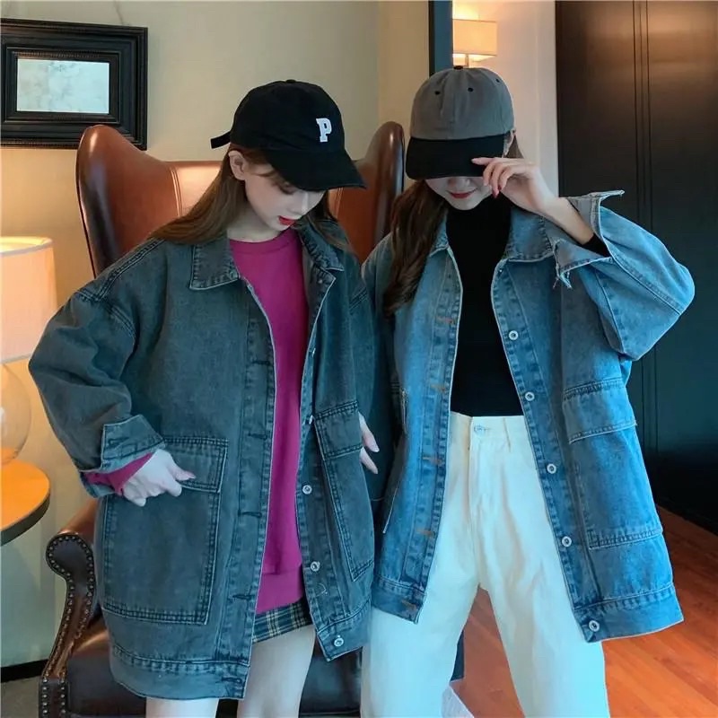 Áo Khoác Jean Dài Tay Màu Xanh Và Đen Cổ Bẻ Cài Cúc Dáng Rộng Chất Loại 1, Áo Denim Cá Tính Bụi Bặm Style Ngầu Chất