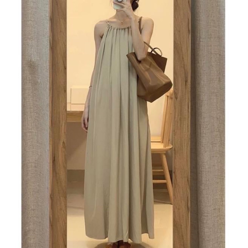Đầm yếm maxi dài kiểu nữ suông xếp ly màu be - Order taobao quảng châu