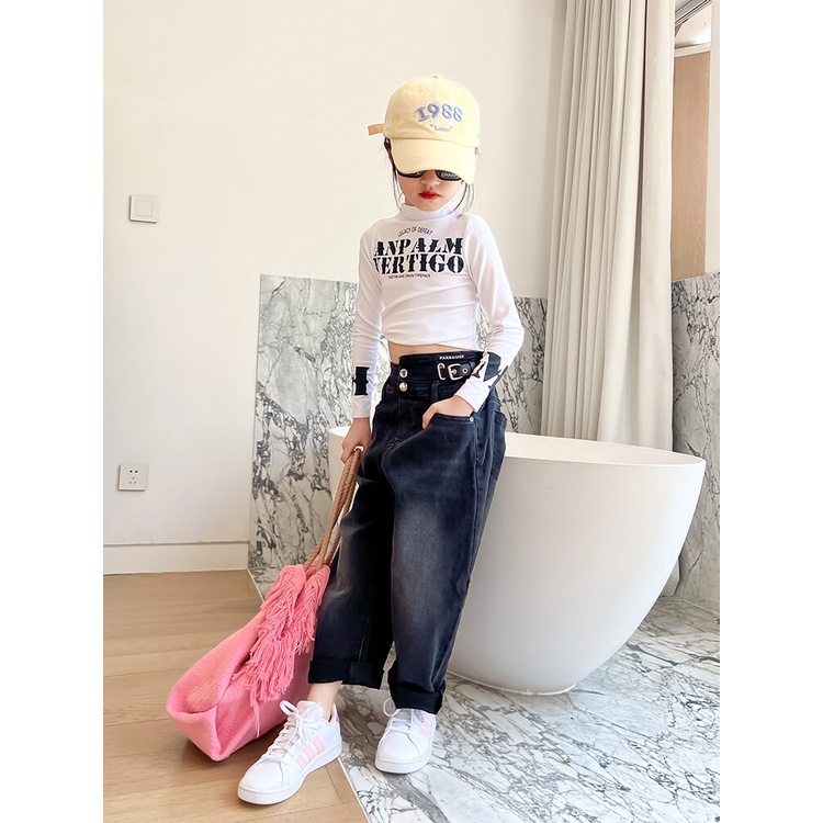 Set Áo Thun Tay Dài Phối Quần Jeans Thời Trang Mùa Thu Cho Bé Gái 5-6 Tuổi