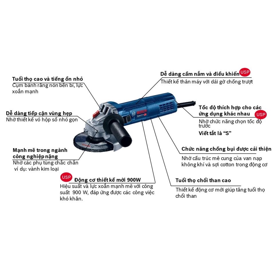 Máy mài góc cầm tay Bosch GWS 900-125 S Công tắc đuôi điều chỉnh tốc độ Công suất 900W