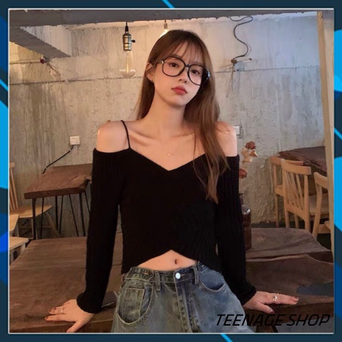 Áo len croptop trễ vai tay dài nữ Hàn Quốc ulzzang | BigBuy360 - bigbuy360.vn