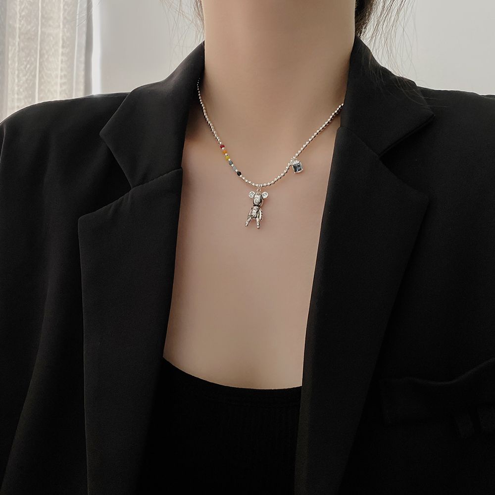 Vòng cổ bằng thép titan mặt hình gấu hoạt hình phong cách Hàn Quốc thời trang cho nữ