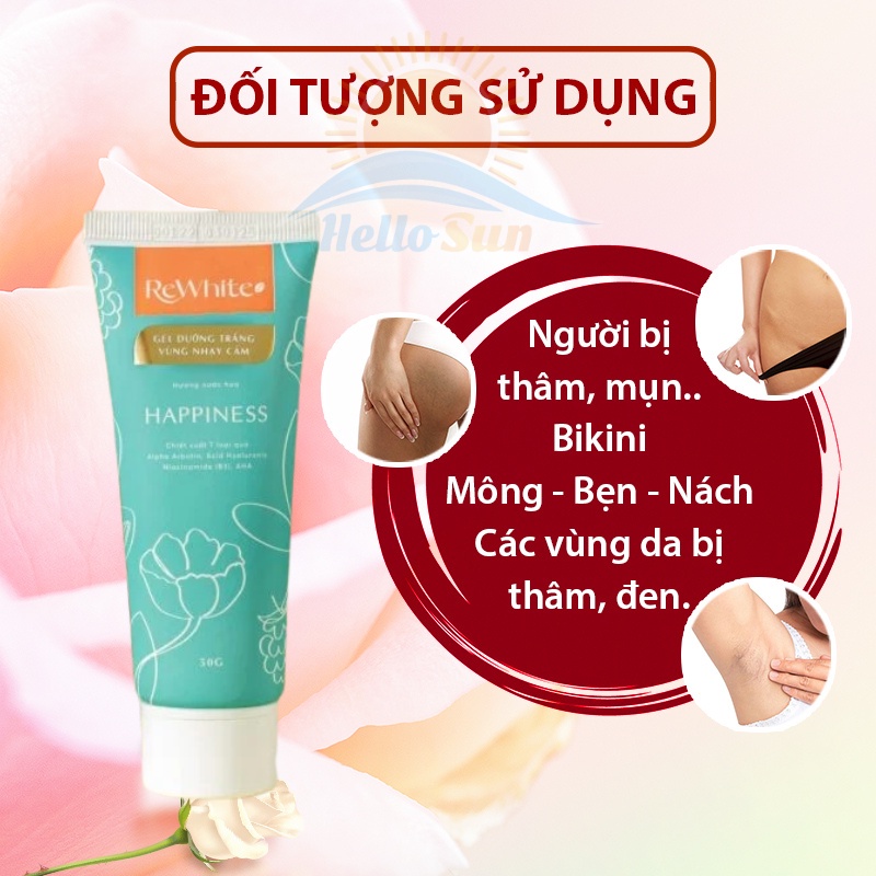 Gel dưỡng trắng mờ thâm Rewhitez giảm mờ thâm nách đầu gối mông mụn làm hồng vùng kín nhũ hoa- 50G Happiness tuýp xanh