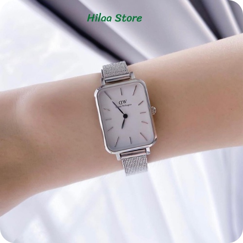 Đồng hồ d.\W nữ dây lưới bạc mặt chữ nhật mặt trắng