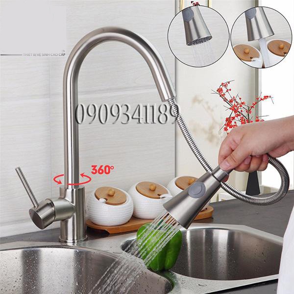 Vòi rửa chén nóng lạnh Inox SUS304 dây rút xoay 360 độ cao cấp