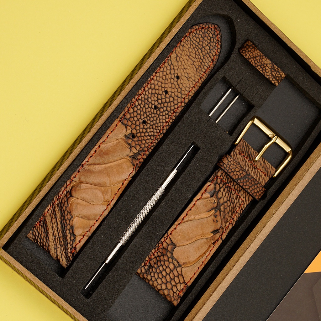 Dây Đồng Hồ Da Đà Điểu Wash Màu Nâu Đỏ  MrFour + Bộ Khóa  + Dụng cụ Tháo Lắp | Watch Band - Watch Strap - Leather Watch