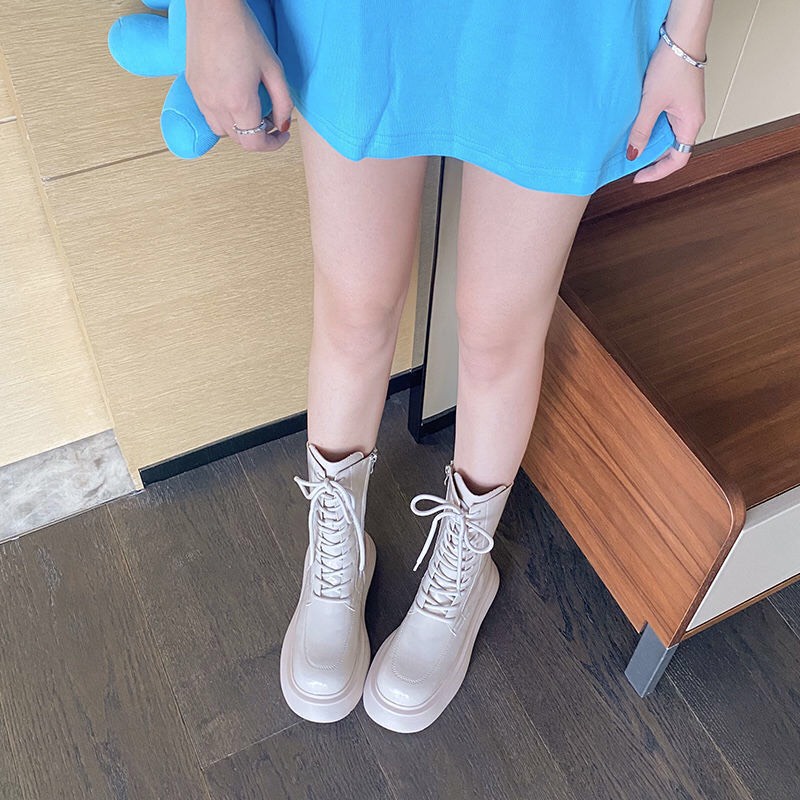 Giày Boot ulzzang bốt nữ cao cổ buộc dây kéo khóa đế cao 6cm màu đen/kem