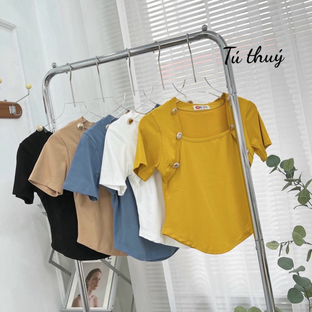 Áo kiểu nữ chất zip cao cấp cổ vuông đính khuy sang chảnh cá tính A582 Nội y xanh chất đẹp giá tốt