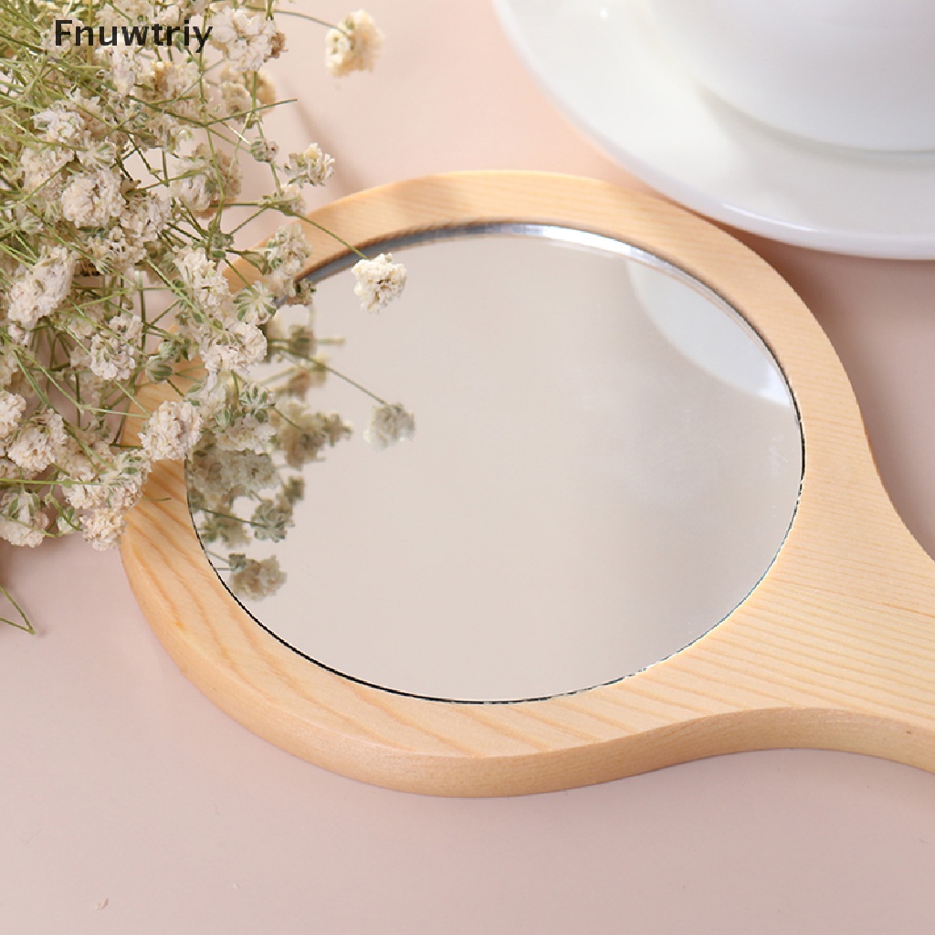 Gương trang điểm cầm tay kiểu tròn bằng gỗ phong cách vintage tiện lợi