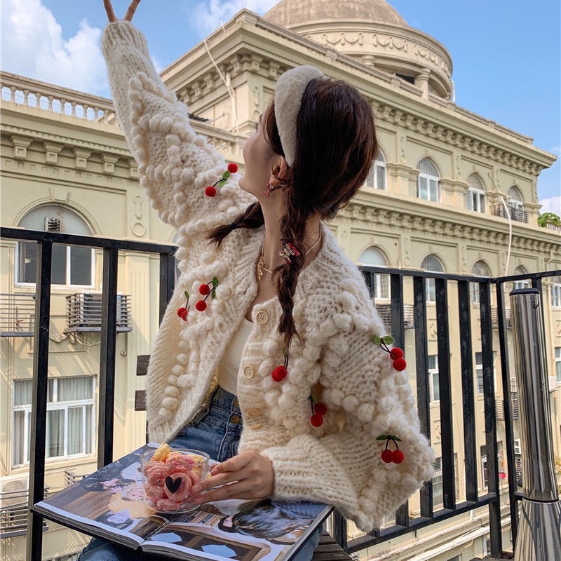 Áo khoác cardigan IELGY len dáng rộng họa tiết quả cherry phong cách retro thời trang dành cho nữ