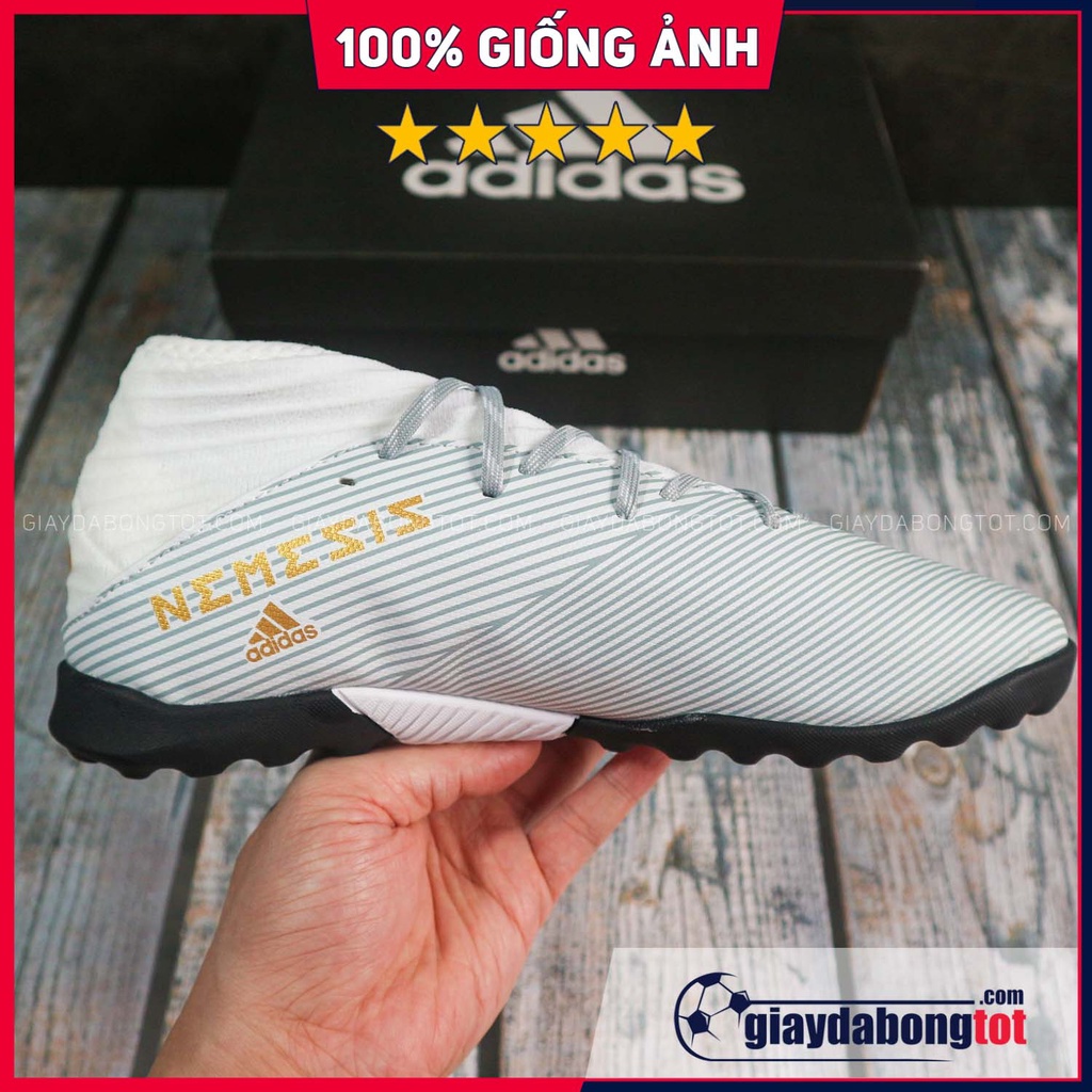 Giày Đá Bóng Chân Bè Nemeziz 19.3 TF Trắng Vạch Vàng | Đinh sân cỏ nhân tạo, Da mềm, Cổ cao, Trọng lượng nhẹ