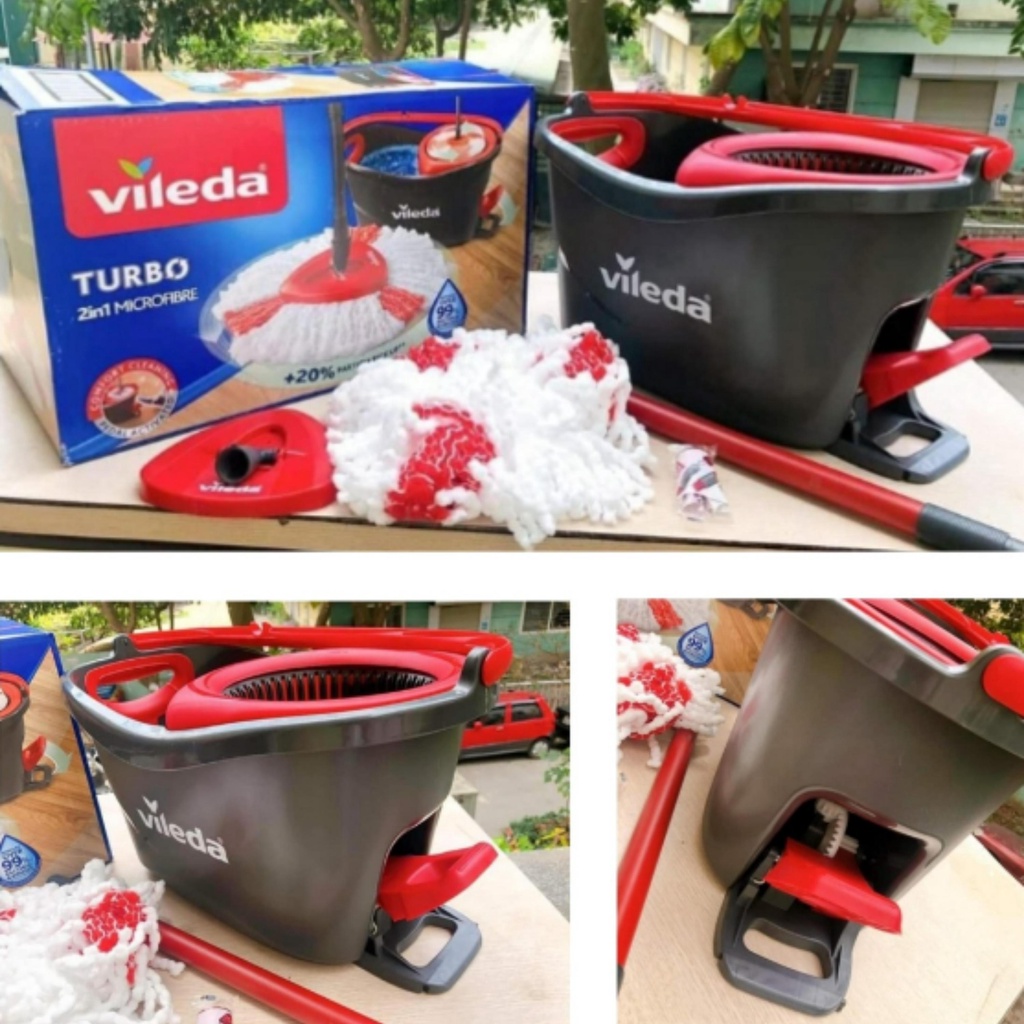 Cây lau nhà VILEDA TURBO tam giác phiên bản nâng cấp, có lỗ thoát nước, vắt trợ lực bằng chân [Hàng Nhập Đức]