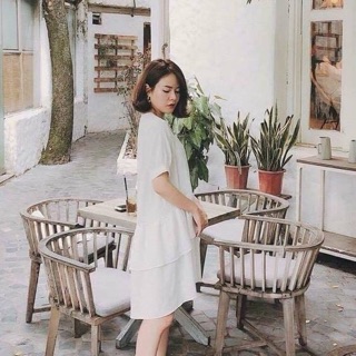Đầm babydoll trắng tầng cột eo