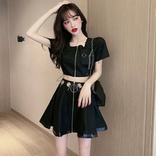 (SẴN) 😍 Chân váy ngắn đen phối da chiết eo khóa kéo cực chất, phong cách hiphop, đường phố  (Ms D34)