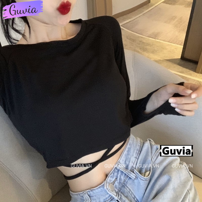 Áo Croptop Nữ Cổ Tròn TAY DÀI ẤN BỤNG Ôm Body, Áo Thun Croptop Kiểu Sexy Chất Borip GUVIA CR71