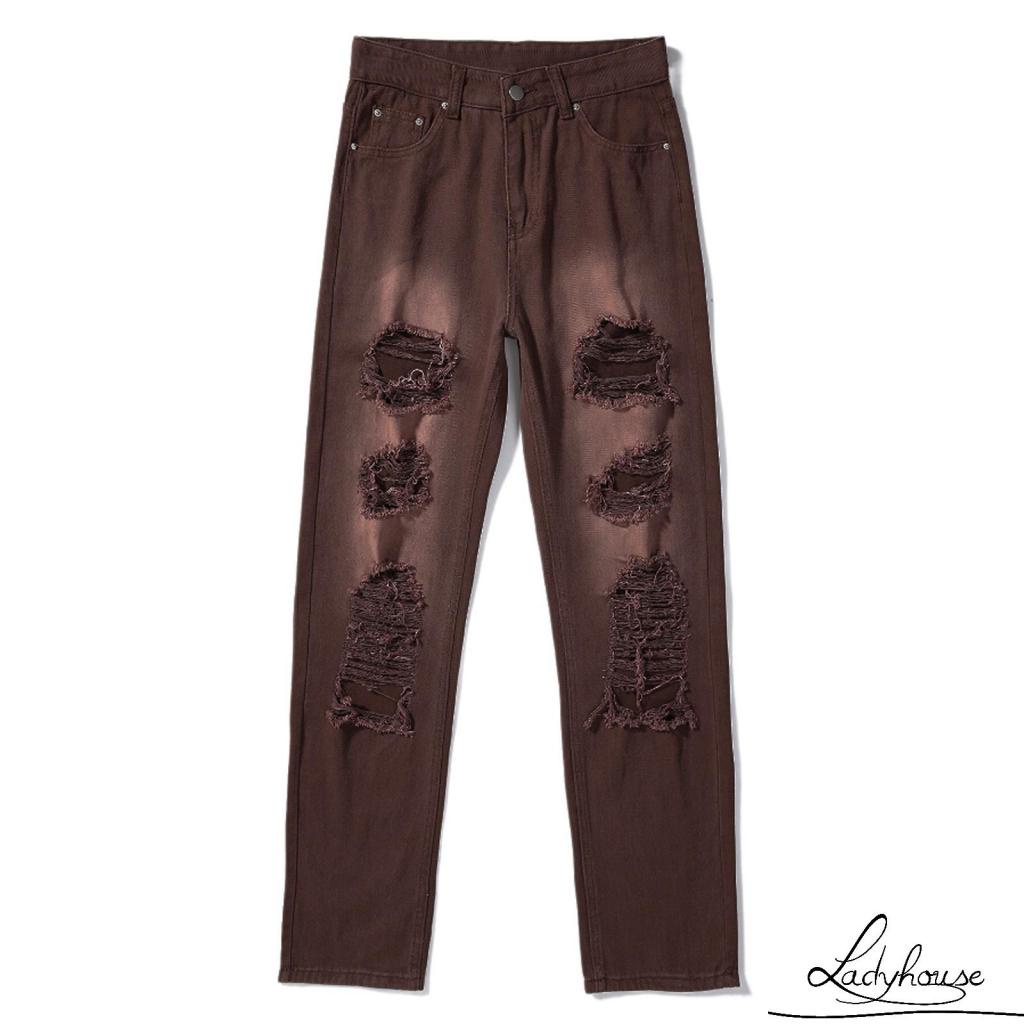 Quần jean dài ống rách lưng cao màu đen size S/M/L/XL thời trang xuân thu dành cho bạn nữ