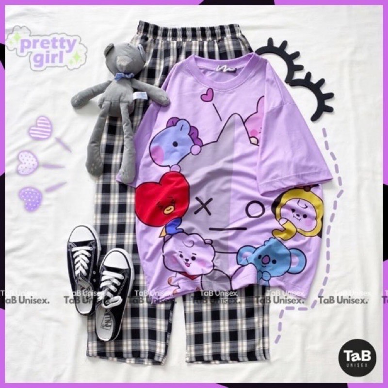 Sét Bộ Áo In Hình Thú Cute Và Quần Kẻ Đẹp Mặc Mùa Hè, Mặc Ở Nhà, Áo Phông Cotton Mát Mịn Phong Cách Hàn Quốc