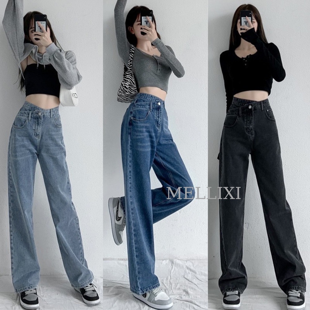 Quần jean MELLIXI nữ CẠP CHÉO ống rộng xuông lưng cao M009