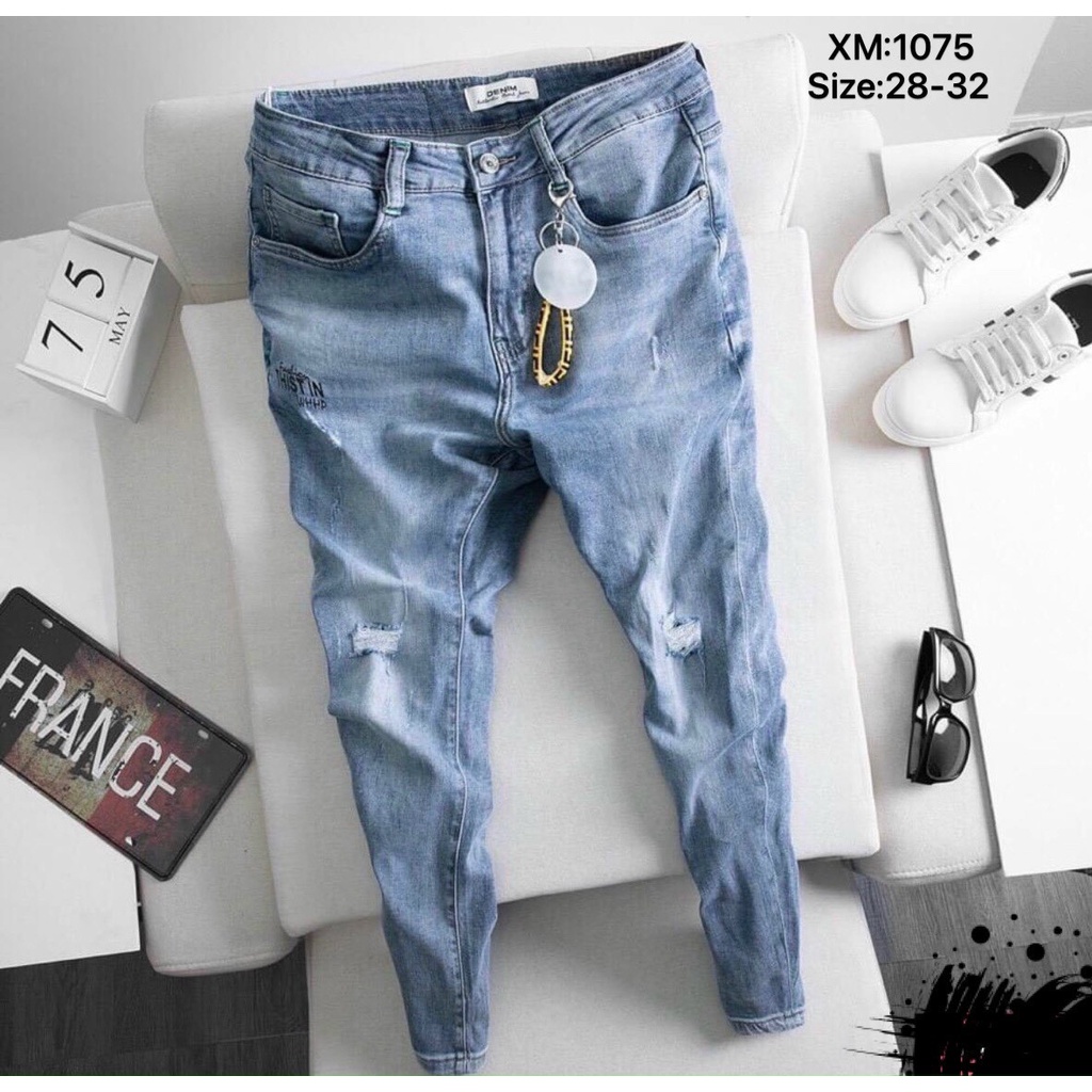Quần bò nam rách kiểu vải jean co giãn chuẩn from ms 1075