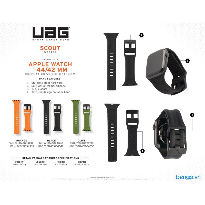 [Mã ELTECHZONE giảm 6% đơn 500K] Dây đeo Apple Watch 42mm &amp; 44mm UAG Scout Silicone