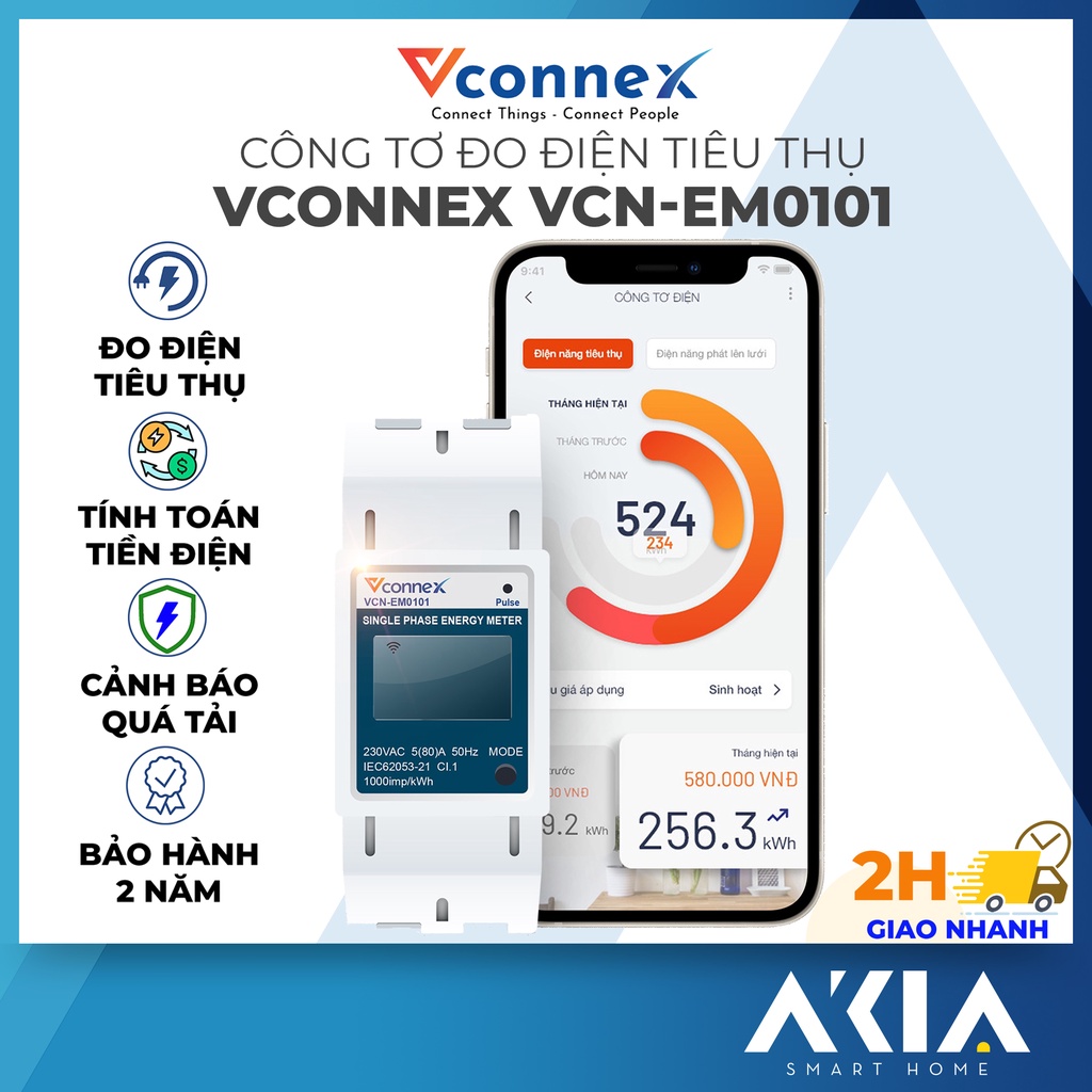 Công tơ điện tử wifi thông minh Vconnex, kiểm soát điện tiêu thụ, theo dõi điện mặt trời hoà lưới - Chính hãng