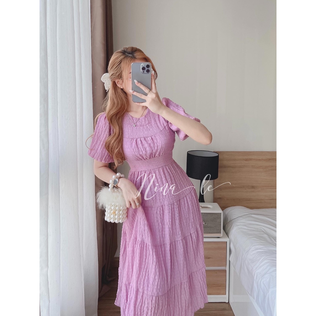 Đầm váy nữ dáng xòe xếp tầng, màu sắc (Hồng, Tím, Vàng) sang trọng, thích hợp cho nàng đi biển