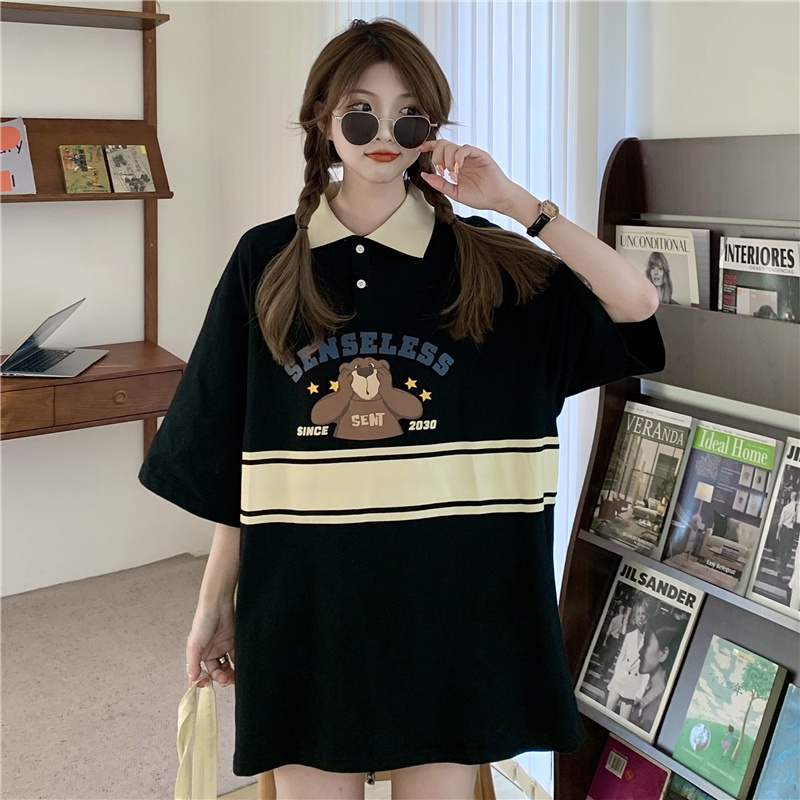 Áo polo Ngắn Tay Dáng Rộng In Hoạt Hình Gấu Kiểu Retro Cá Tính Cho Nữ