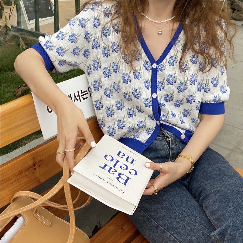 Áo khoác cardigan ZHELIHANGFEI dệt kim tay ngắn cổ V in họa tiết hoa dễ thương cho nữ