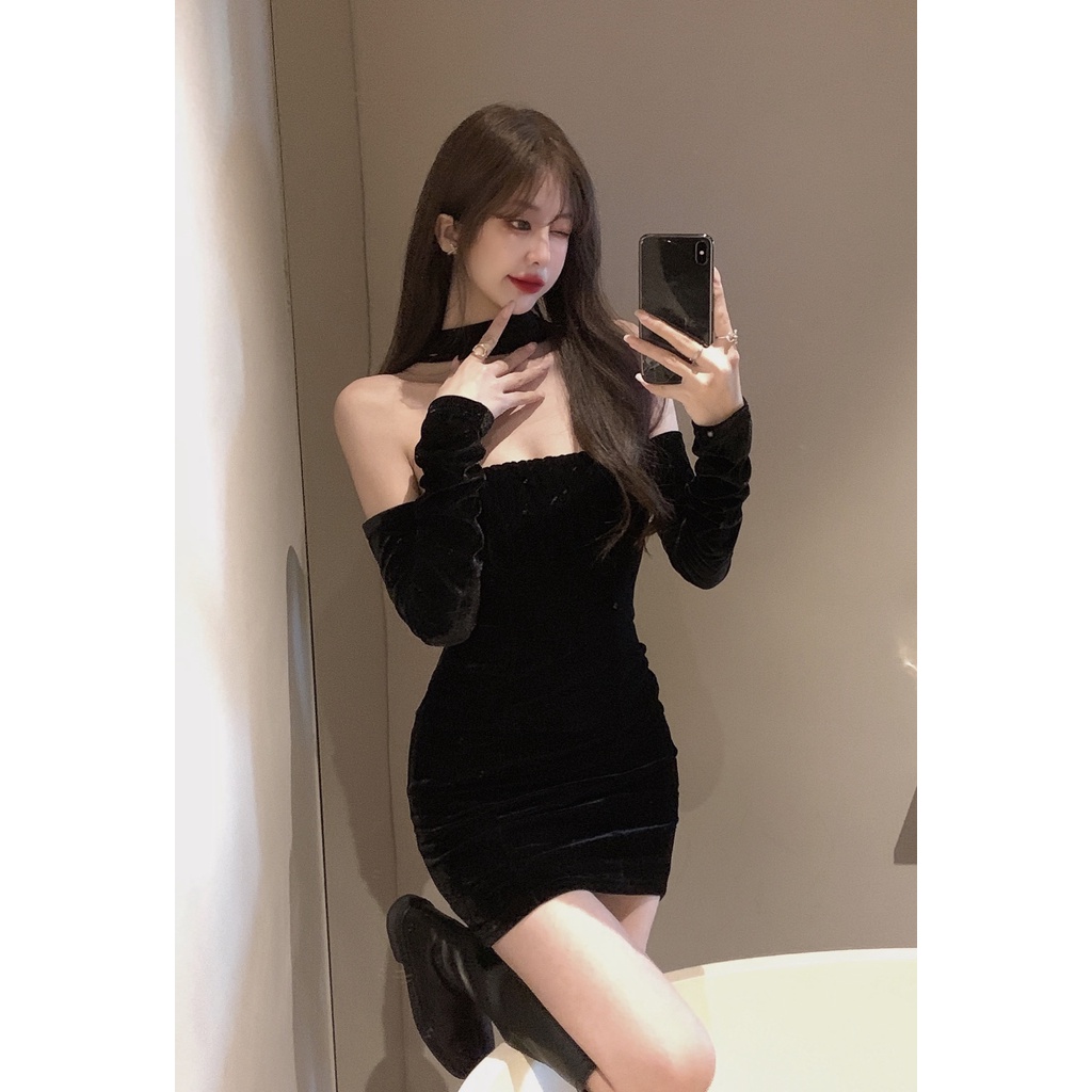 Đầm nhung đen tay dài hở vai ôm dáng thời trang thu đông quyến rũ cho nữ