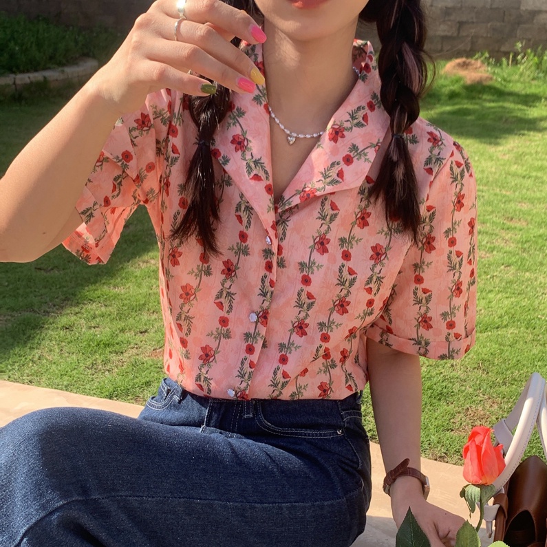 Áo sơ mi SUXI ngắn tay họa tiết hoa vintage cho nữ