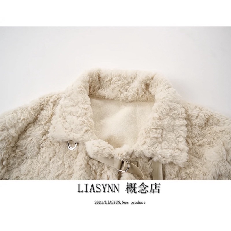 Áo khoác lông cổ cao phom dài qua mông thắt nơ tiểu thư