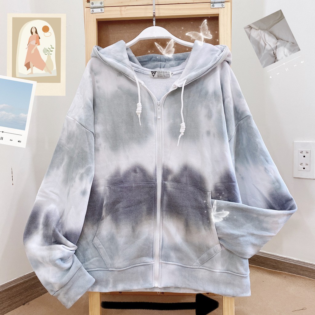 Hoodie Chuyển Màu Xanh Trắng - áo khoác dây kéo màu loang