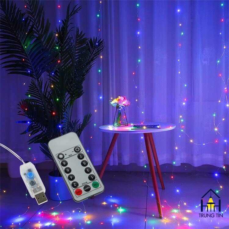 Đèn LED dây thả Rèm mành nháy 3mx3m trang trí DECOR phòng ngủ lễ tết Vàng Đa Sắc Trung Tín