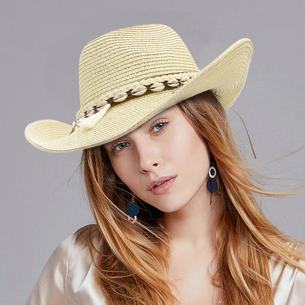 IVORY Mũ Bucket Cói Đính Vỏ Sò Tua Rua Phong Cách Cao Bồi Thời Trang Mùa Hè
