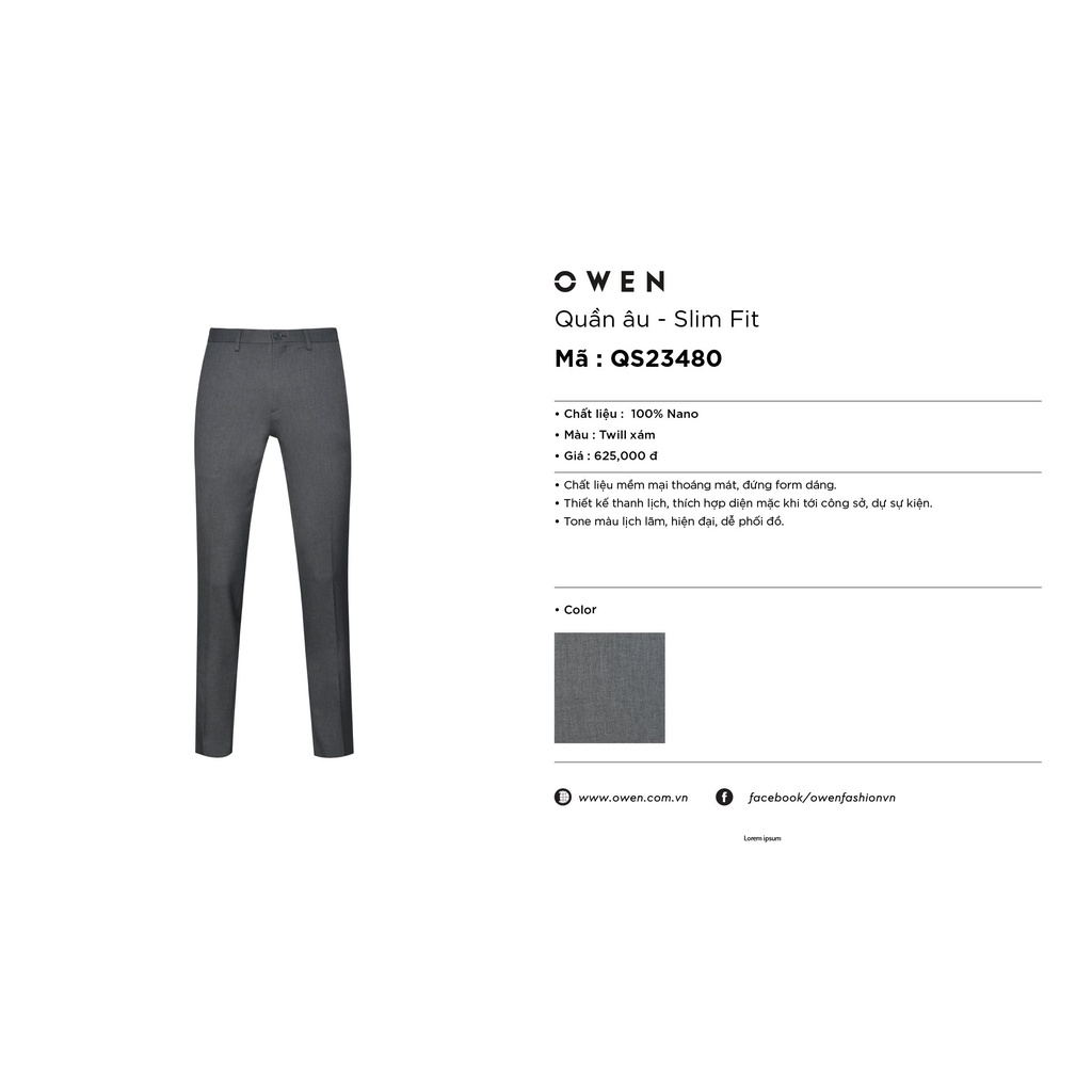Quần Âu Nam Quần Tây Công Sở Cao Cấp Owen QS23480 Dài Chân Dáng Slim Fit Màu Xám Vải Nano Mềm Mại