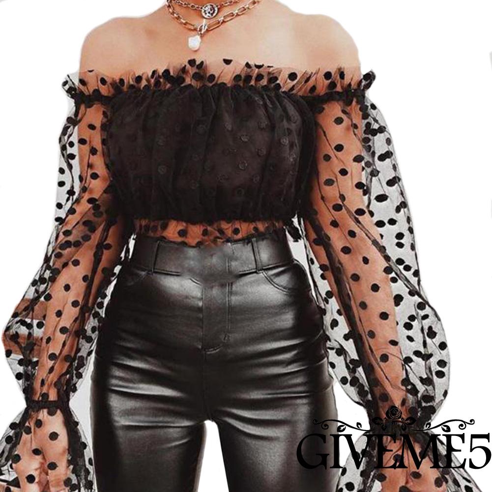 Áo Tay Dài Trễ Vai Hoạ Tiết Chấm Bi Cho Nữ