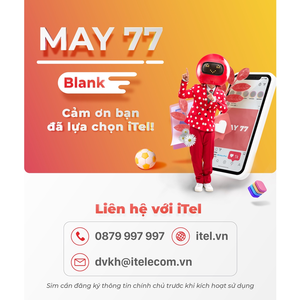 Sim Itelecom 4g tốc độ cao đăng ký được gói MAY 77 90GB/tháng gọi miễn phí Itel và Vinaphone dưới 20 phút