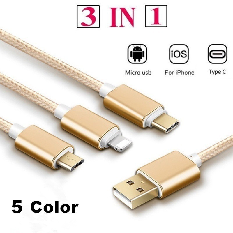 USB 3 trong 1 Bện và bền Đường sạc nhanh Dòng dữ liệu Dành cho iPhone Android Type-c