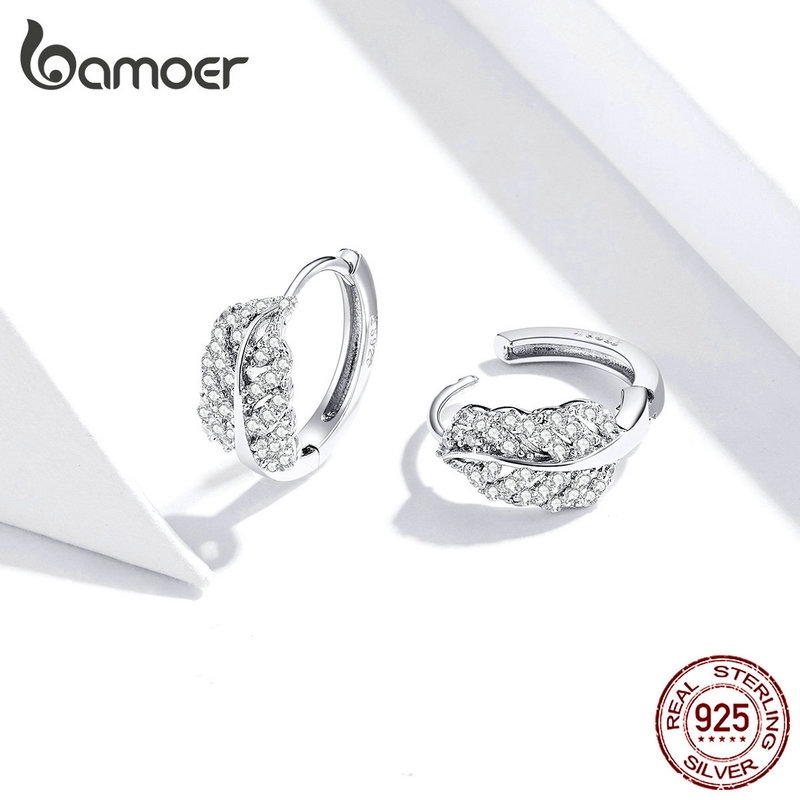 Khuyên Tai Bamoer Bằng Bạc 925 Đính Đá Hình Lông Vũ Sang Trọng