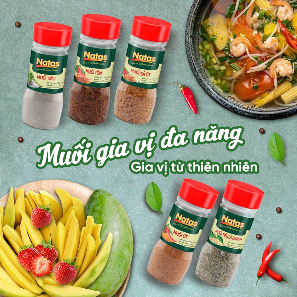 Combo Muối chấm trái cây Natas: Muối tiêu hũ 100g + Muối ớt hũ 90g + Muối tôm hũ 70g