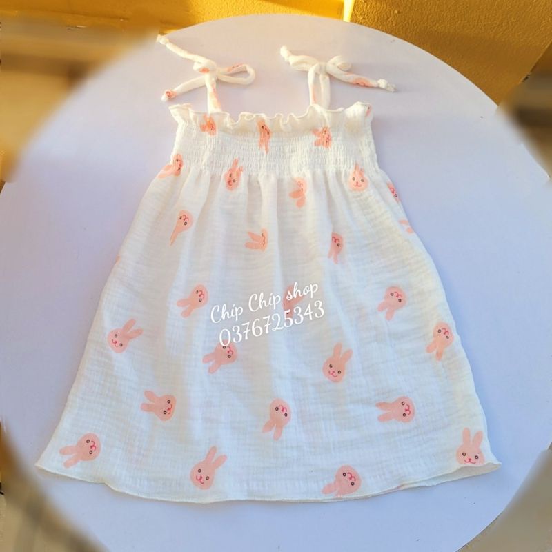 Váy hai dây bé gái vải xô muslin nhún bèo mềm hoạ tiết đáng yêu sơ sinh đến 18 tháng Chíp Chíp Shop