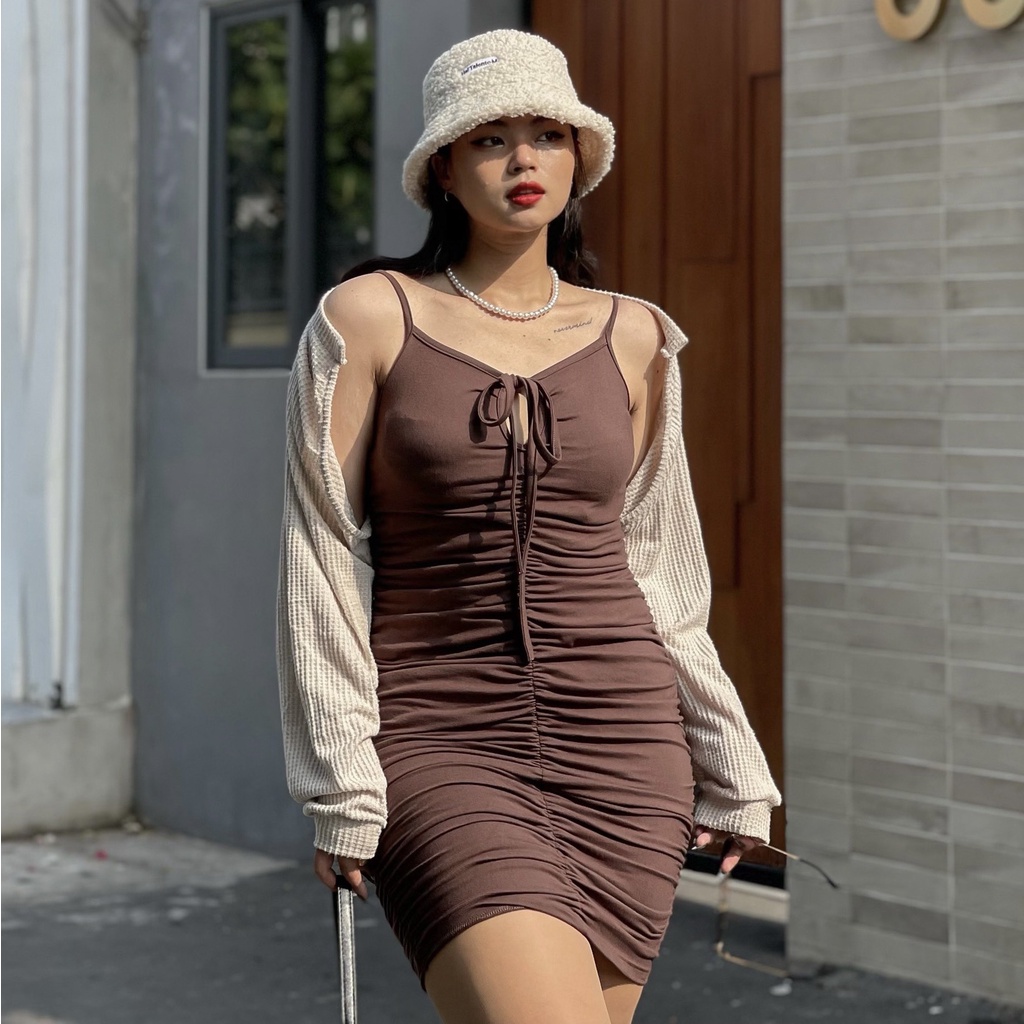 Đầm body bigsize 2 dây sexy tôn dáng dây rút MUP Bigsize DBD02