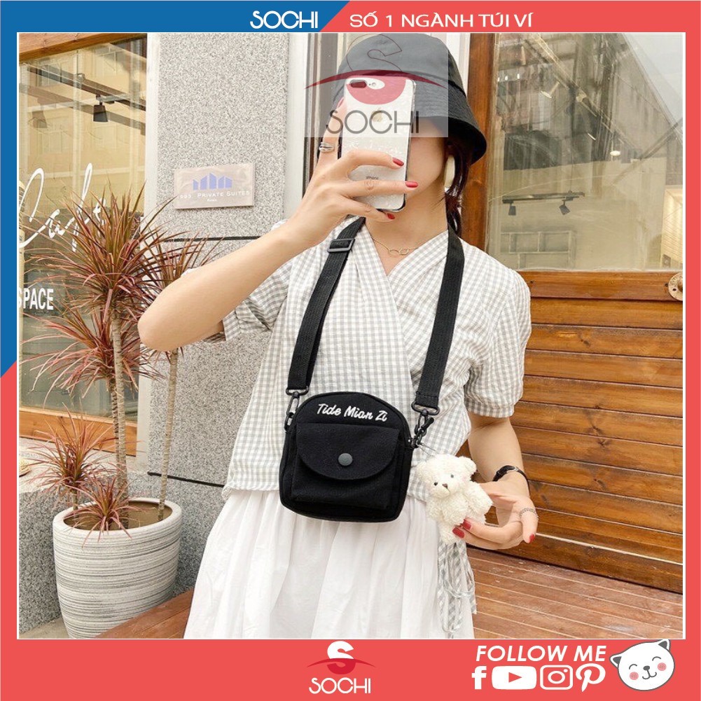 Túi đeo chéo mini vải canvas in chữ Tide Mian Zi kiểu dáng nhỏ gọn thời trang phong cách Hàn Quốc ( không kèm mặt mini