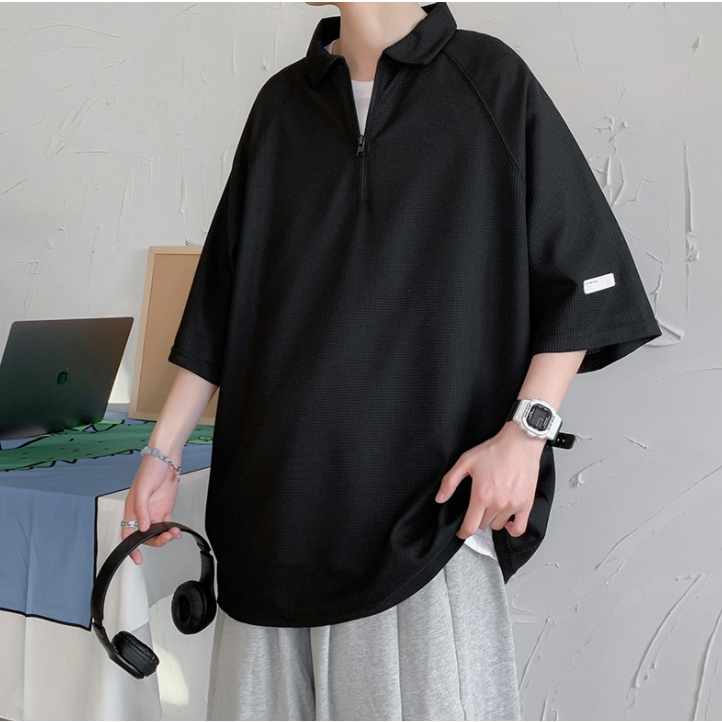 Áo Thun Polo Tay Ngắn Dáng Rộng Màu Trơn Có Khóa Kéo Thời Trang Phong Cách Hàn Quốc Cho Nam Giới