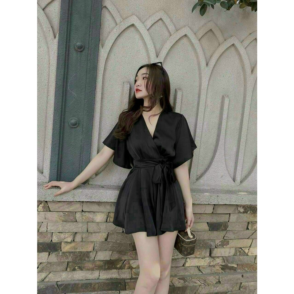 Đầm nữ thời trang mặc đi chơi chất lụa satin cổ V tay ngắn thắt nơ eo váy xoè có lót quần trẻ trung