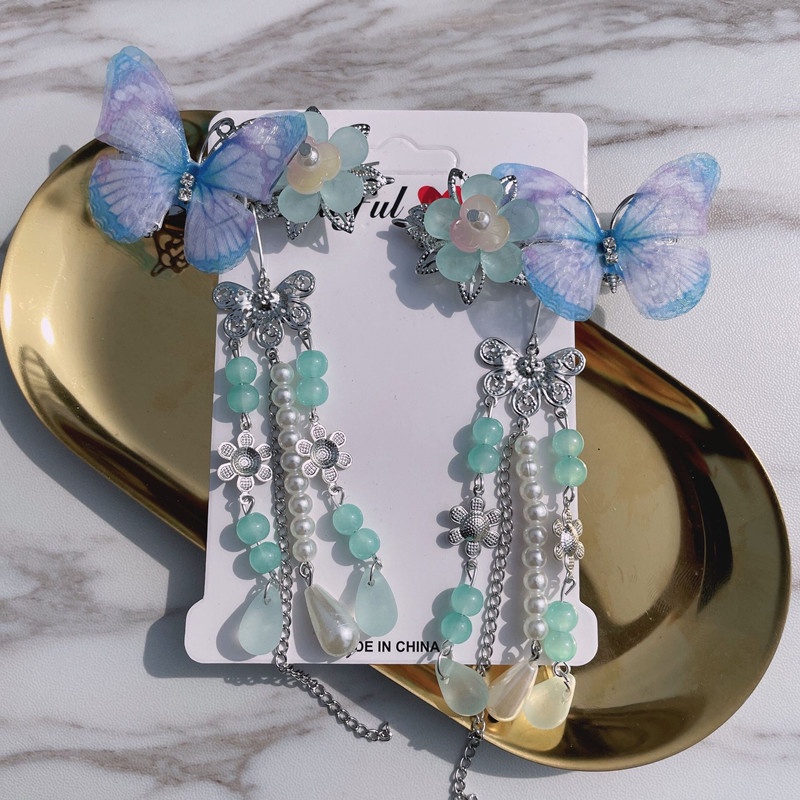 1 Cặp Kẹp Tóc Tua Rua Hình Cánh Bướm Hán Phục Cho Bé Gái