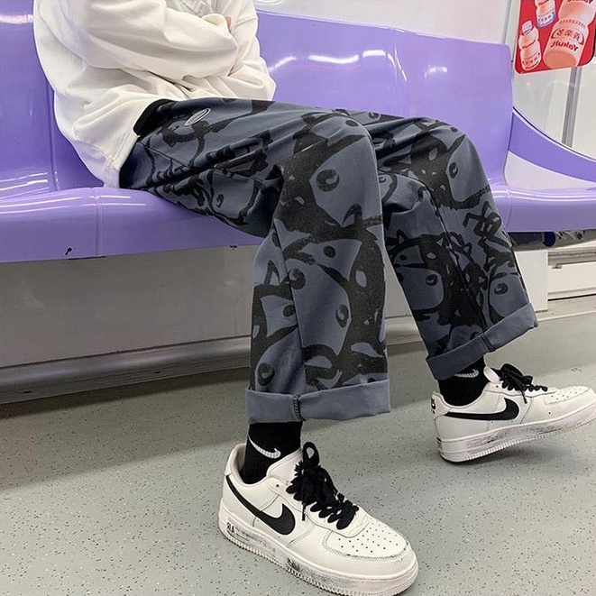 Porozi  Quần dài ống rộng lưng cao in họa tiết 3 màu tùy chọn thời trang Hàn Quốc cho nữ