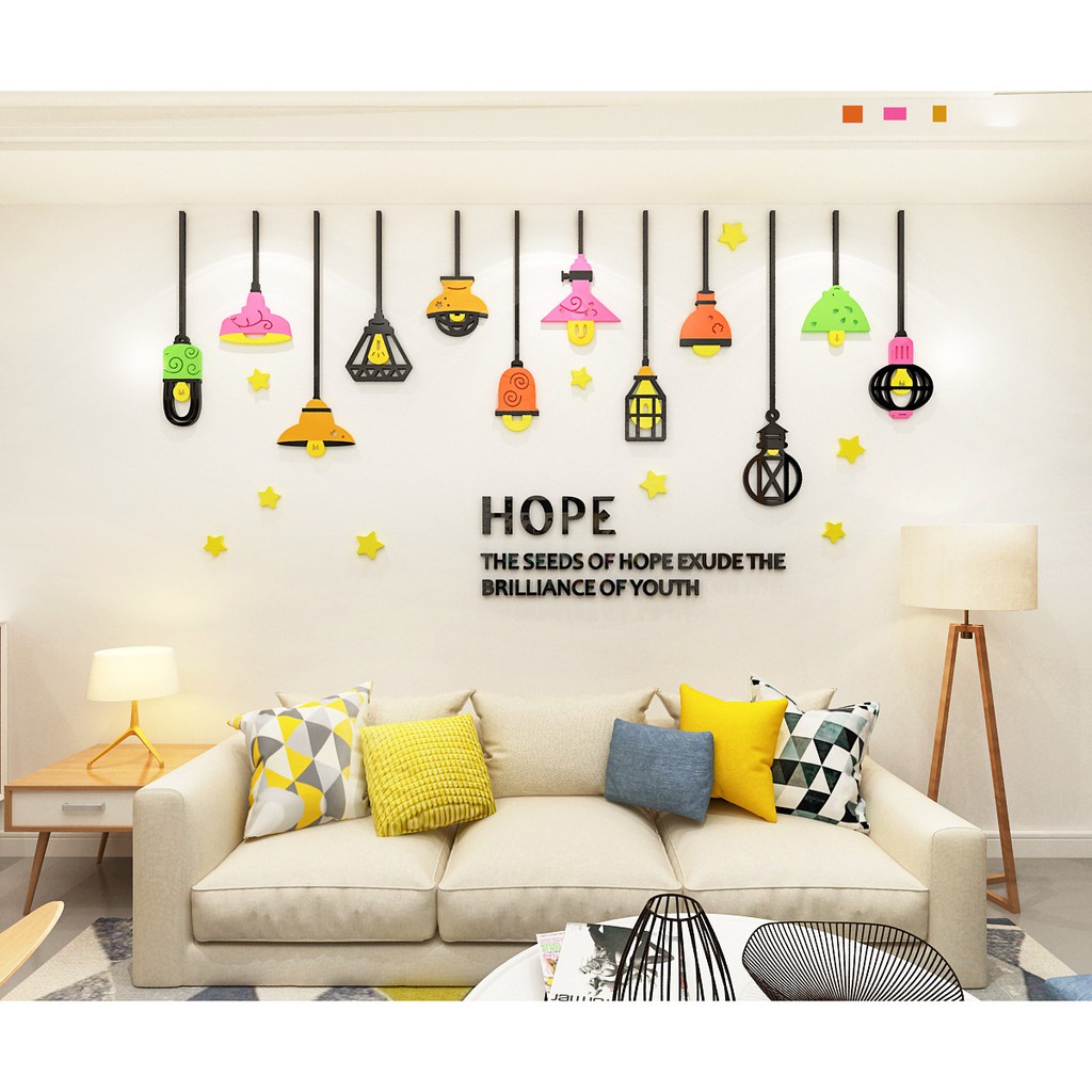 Tranh dán tường mica 3d decor khổ lớn đèn thả treo sáng tạo nhiều màu trang trí phòng khách Nhiều Size - EPeBen