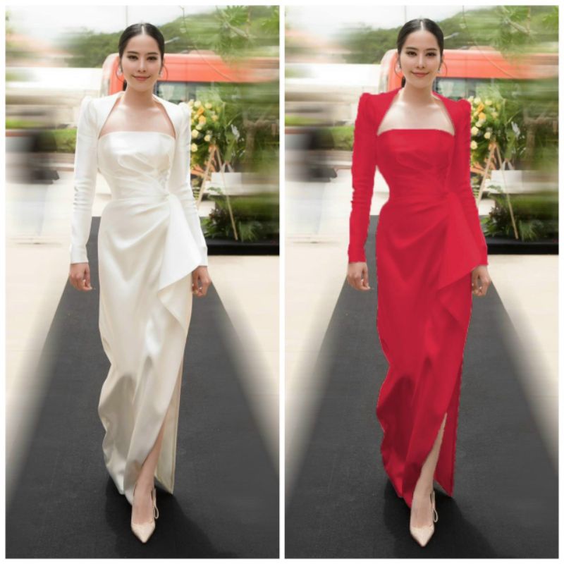 Set dạ hội, đầm cúp kèm áo khoác lụa cô dâu đi bàn nhún hông xẻ tà