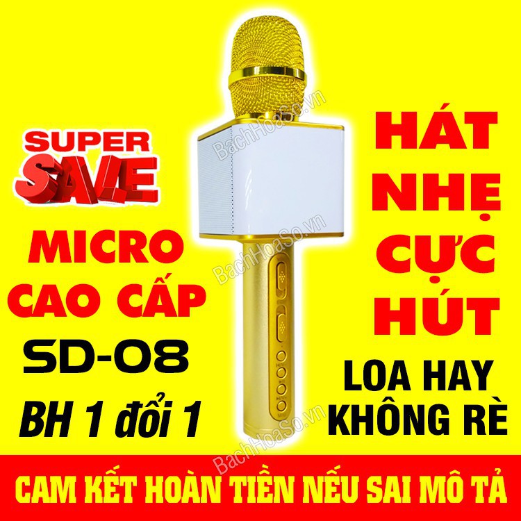 [Nhập ELVUIQTQD30 giảm 30K]Micro Karaoke Bluetooth chính hãng SD-08 hàng cao cấp Loại 1 - CỰC ẤM, HÁT NHẸ mã HZ9741